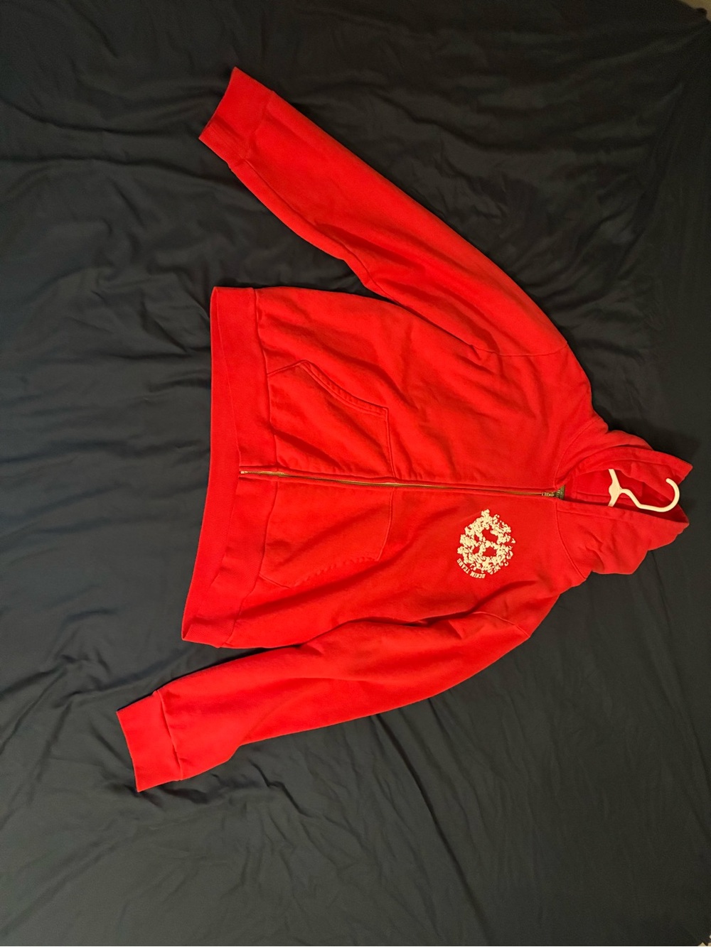 Red Zip-Up Hoodie with Crest Logo